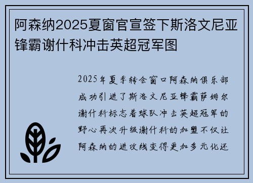 阿森纳2025夏窗官宣签下斯洛文尼亚锋霸谢什科冲击英超冠军图