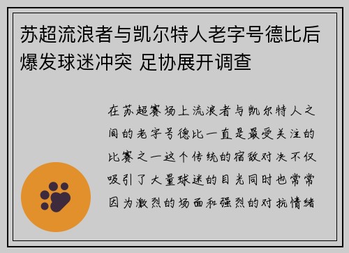 苏超流浪者与凯尔特人老字号德比后爆发球迷冲突 足协展开调查