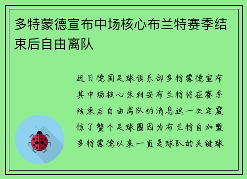 多特蒙德宣布中场核心布兰特赛季结束后自由离队